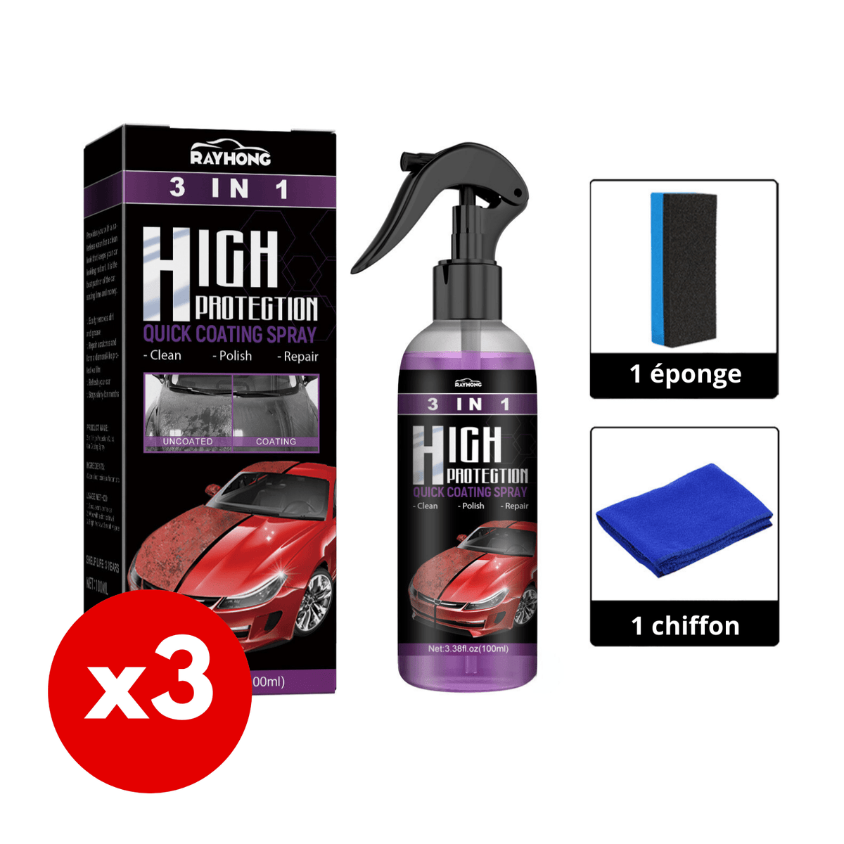3 in 1 Car Coating Spray with Sponge and Cloth | Magic AutoSpray 